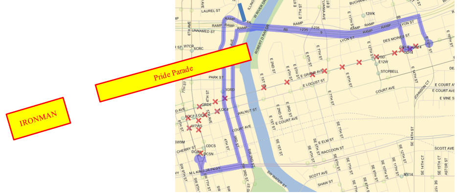 Inbound: Route 1: E Grand (W), Right (N) on E 15th, Left (W) onto I-235 (W).  Route 1 & 4: I-235 (W), Exit to 3rd, Left (S) on 3rd, Right (W) on MLK, Right (N) on 6th Ave to DCS. Outbound:  From DCS (S) on 7th, Left, (E) on MLK, Left (N) on 2nd Ave, Right onto I-235 (E), Exit to E 14th, Right (S) on E 14, Left (E) on E Grand back to route.