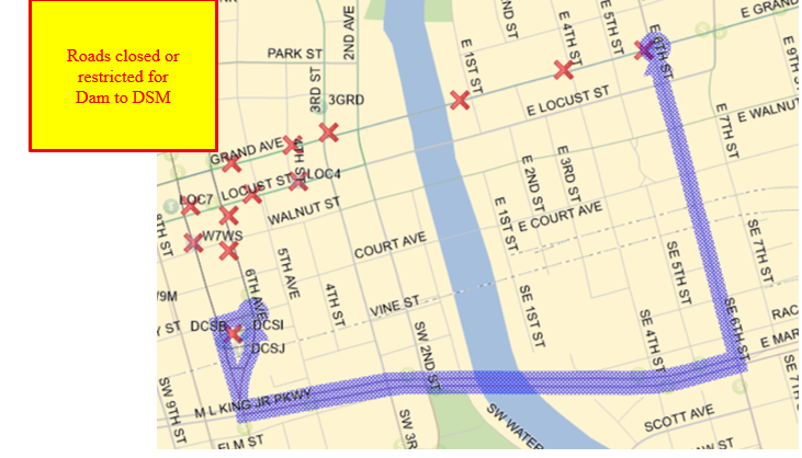 1, & 4 Outbound:  From DCS 7th (S), Left (E) on MLK, Left (N) on E 6th, Right (E) on E Grand back to route. 1, & 4 Inbound:  E Grand (W), Left (S) on E 6th, Right (W) on MLK, Right (N) on SW 6th to DCS.